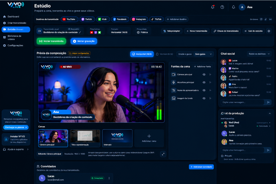 Tela do Estúdio do VYVO Live