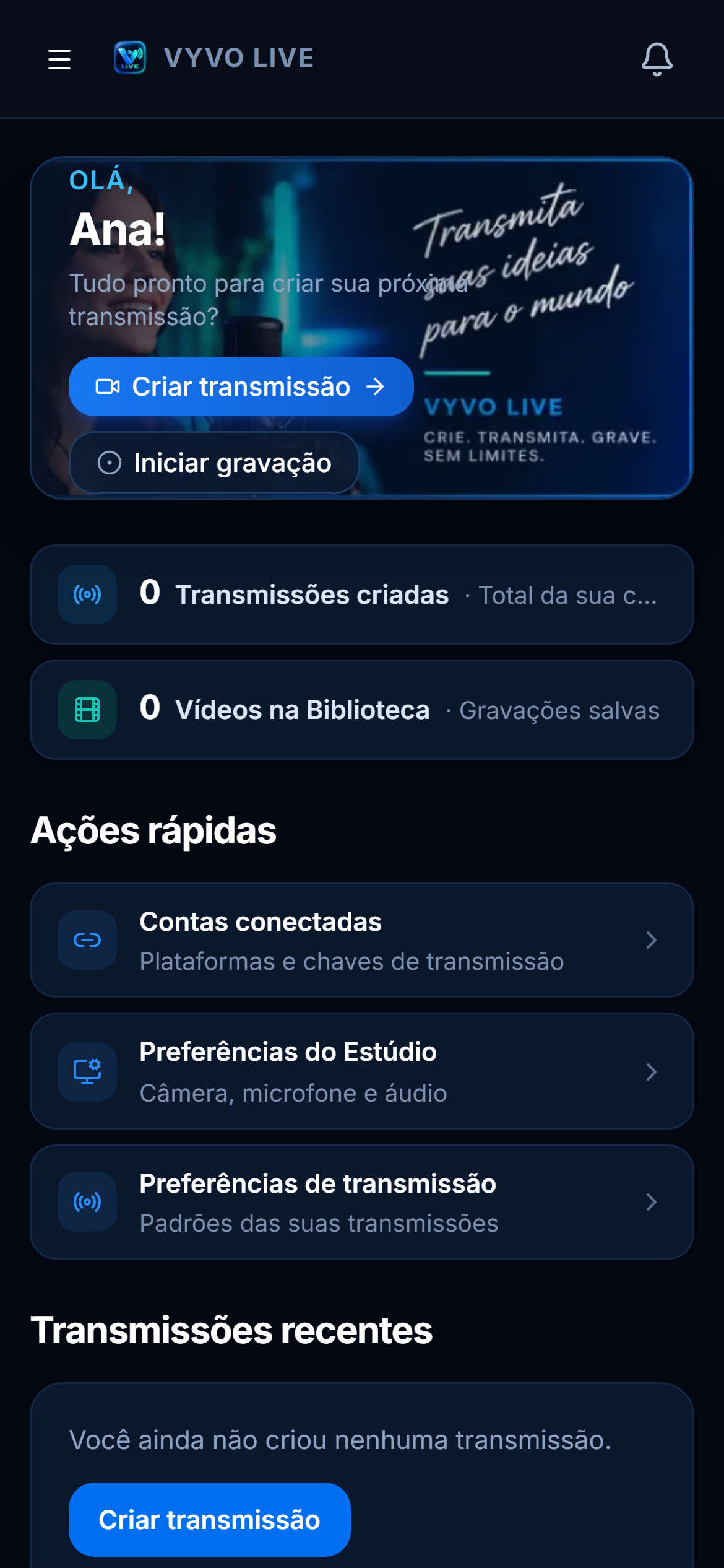 Painel do VYVO Live aberto no celular